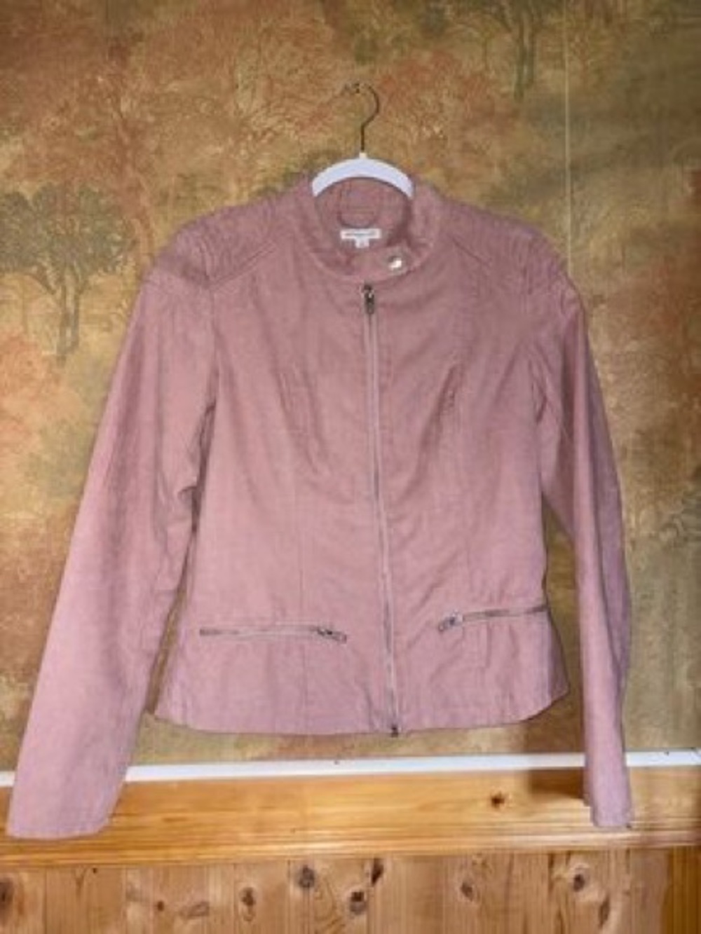 Jacqueline de Yong (JDY) faux leather moto jacket in a light or dusty pink suede